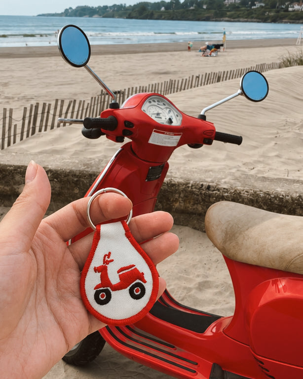 Red Scooter Embroidered Patch Keychain
